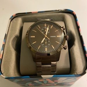 Fossil mens watch, New with tags and case, brown stainless steel